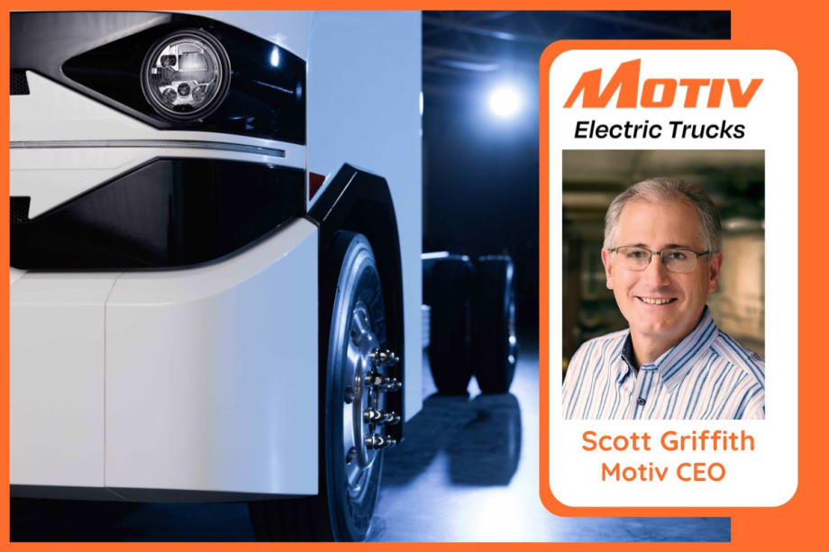 closeup of the front corner of a while electric truck with inset photos of Motive CEO.