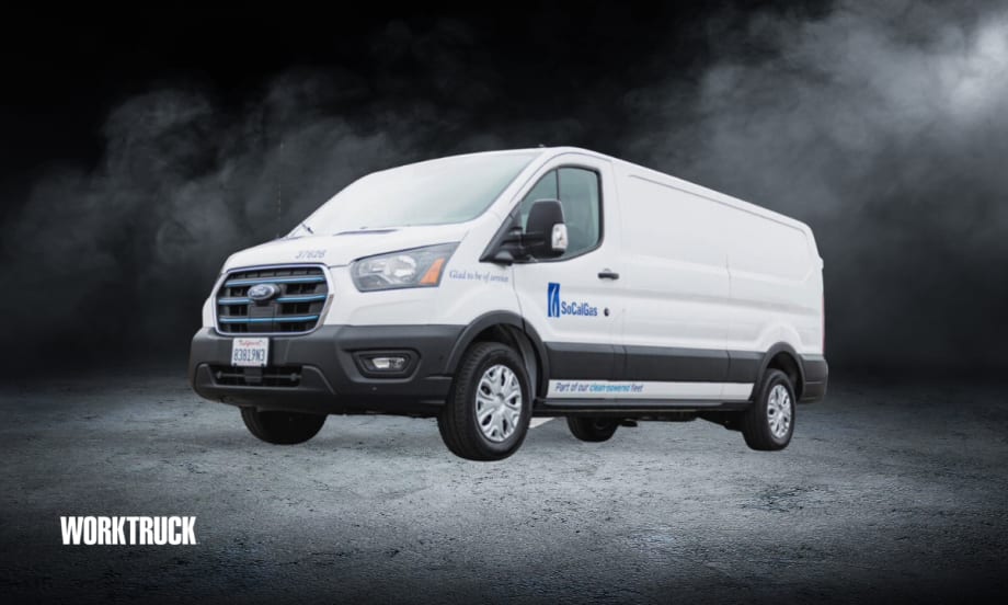 A white Ford E-Transit electric van with SoCalGas branding