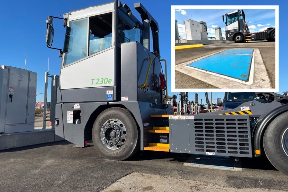 Image shows a white terminal truck with an inset image that shows a blue metal plate in the ground for wireless charging and a truck in the background