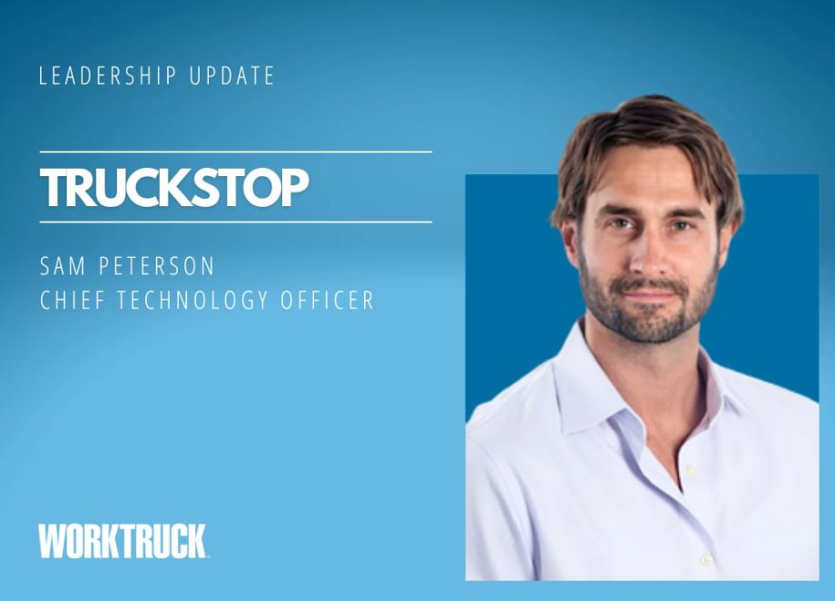 A man on a blue background wearing an unbuttoned shirt. Text explains he is Sam Peterson, DVO of Truckstop.