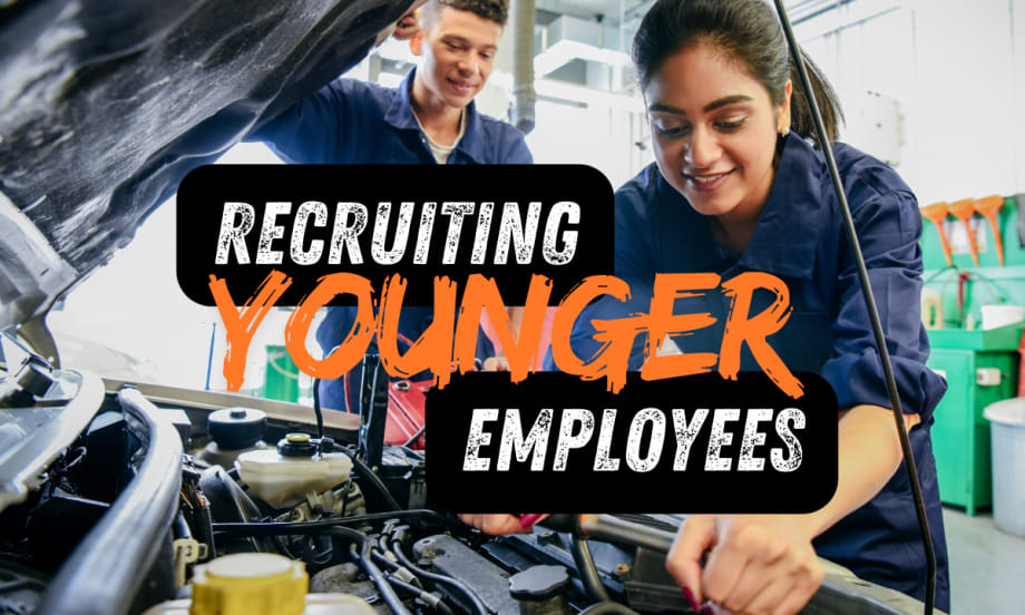 Younger technicians with Recruiting Younger Employees in text on top