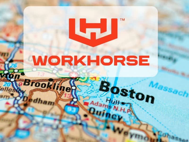 Workhorse logo in orange, background map showing Boston.
