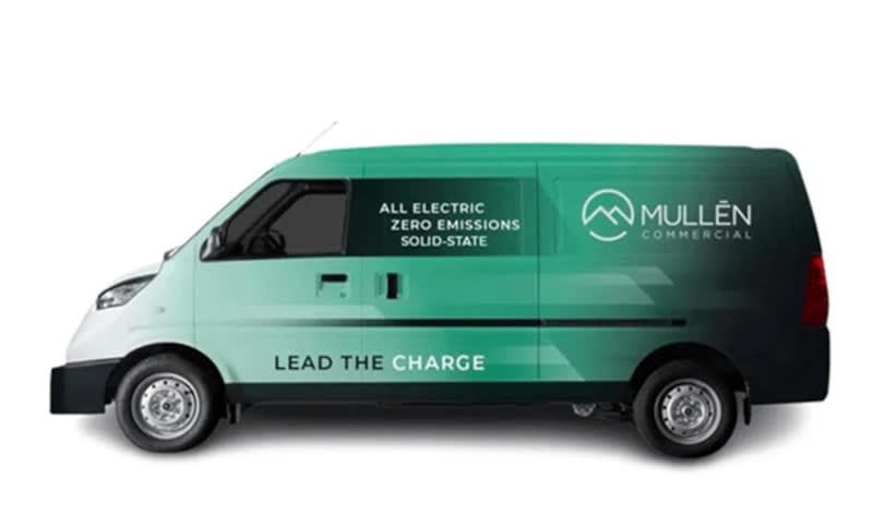 Electric van with 'Mullen Commercial' logo.
