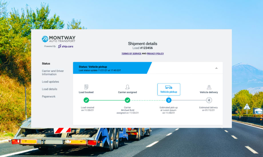 Screen capture of Ship.cars real-time tracking