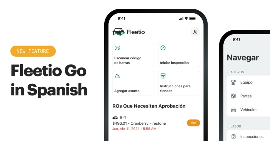 Screenshots of two smartphones displaying the Fleetio Go app in Spanish.