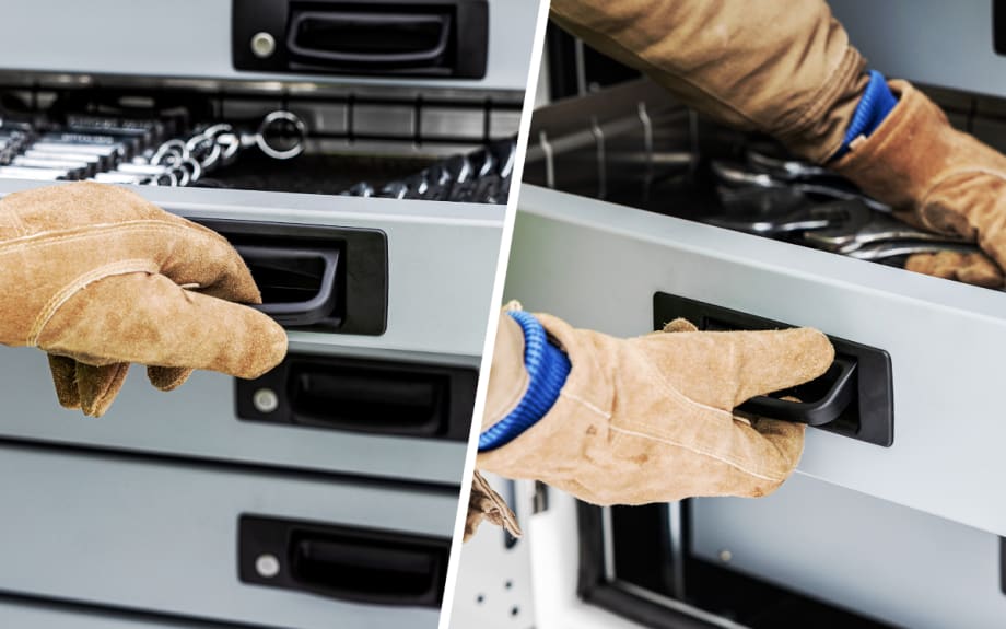 Two images of a gloved hand opening a latch handle on a tool drawer.