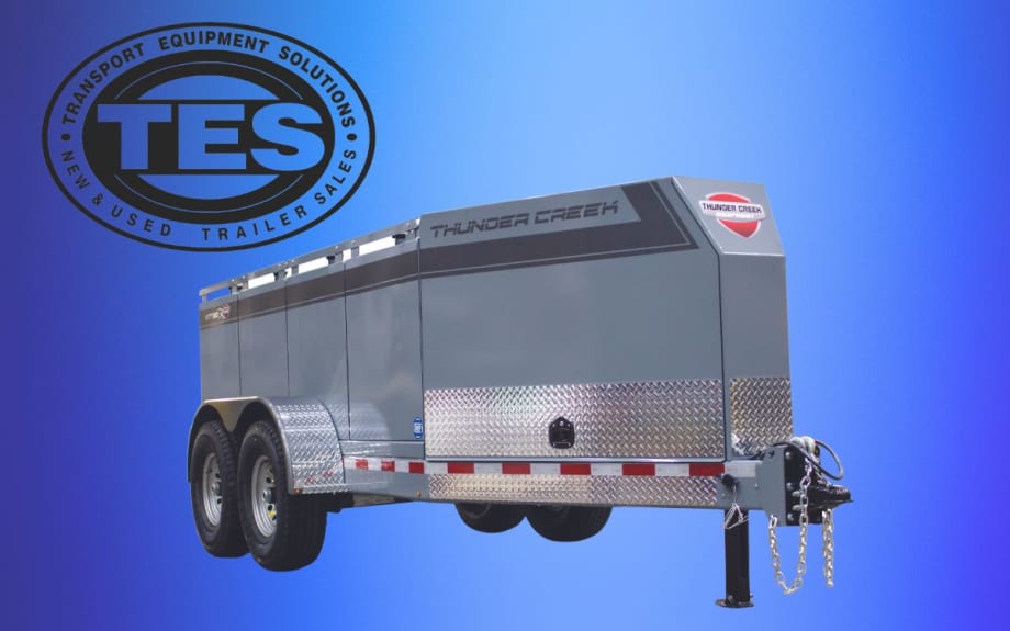 Metal tank trailer against a blue background with upper left logo for Transport Equipment Solutions.