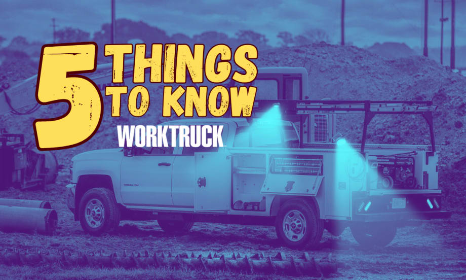 Blue-toned image of work truck shining lights on a jobsite with title 5 Things To Know and a Work Truck logo.