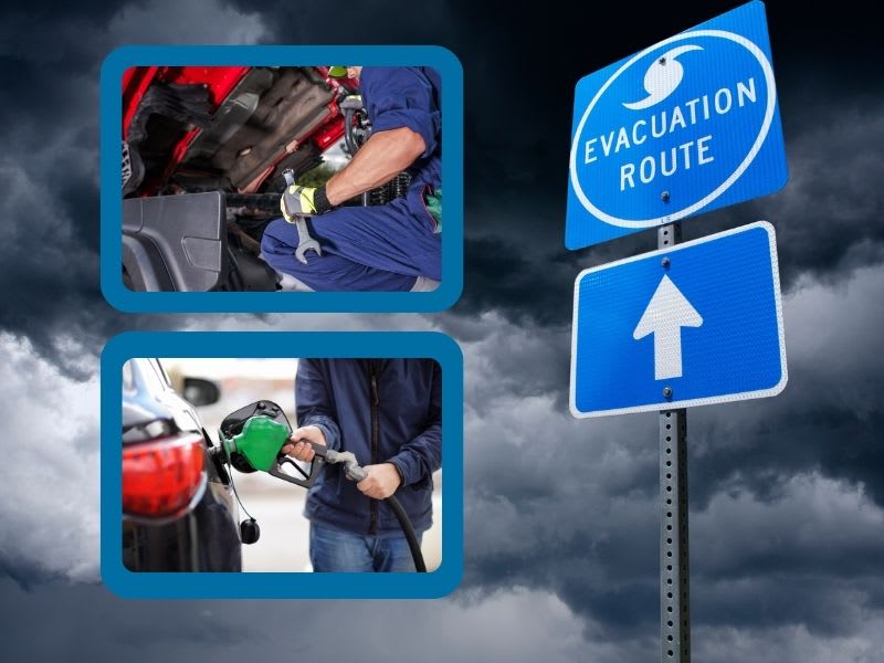 Images of hurricane evacuation sign, person fueling a car, technician working on vehicle.