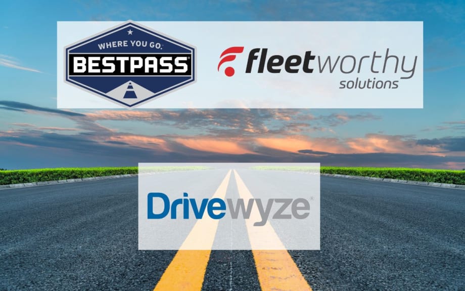 Road scene with logos for Bestpass, Fleetworthy Solutions, and Drivewyze