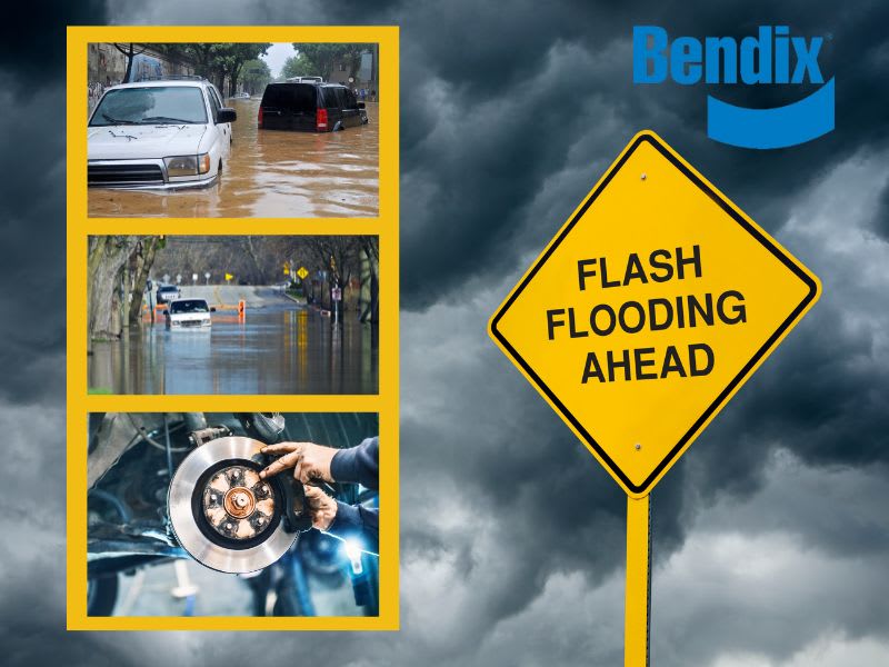 Background image of storm clouds with Flash Flooding Ahead sign and three inset photos - two of trucks in flooded areas and one of mechanic working on brakes