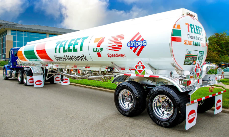Fuel tanker truck parked in a parking lot.