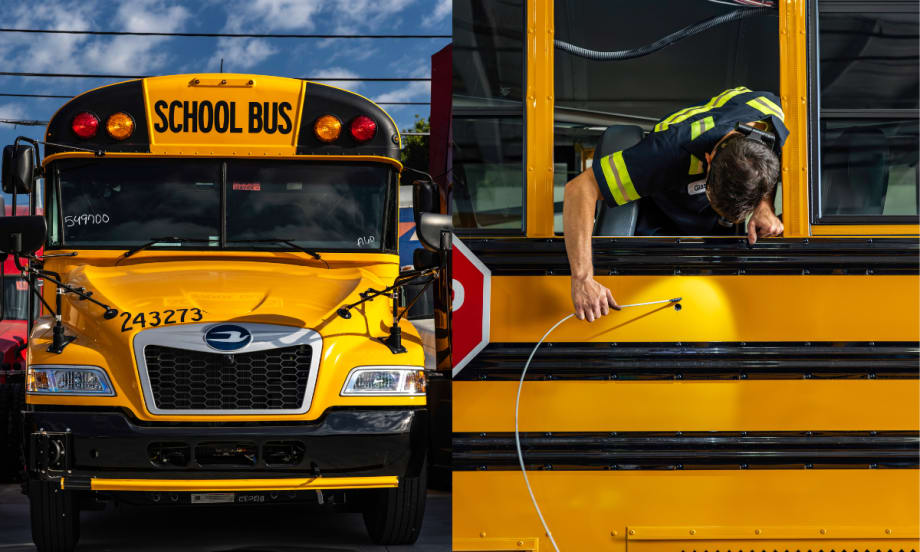 Technician adding lights to a school bus