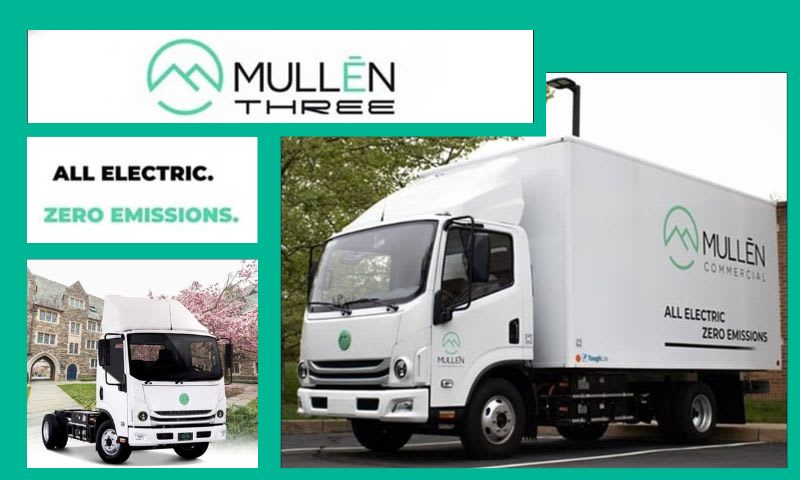 Two images of battery electric trucks and Mullen Automotive logo.
