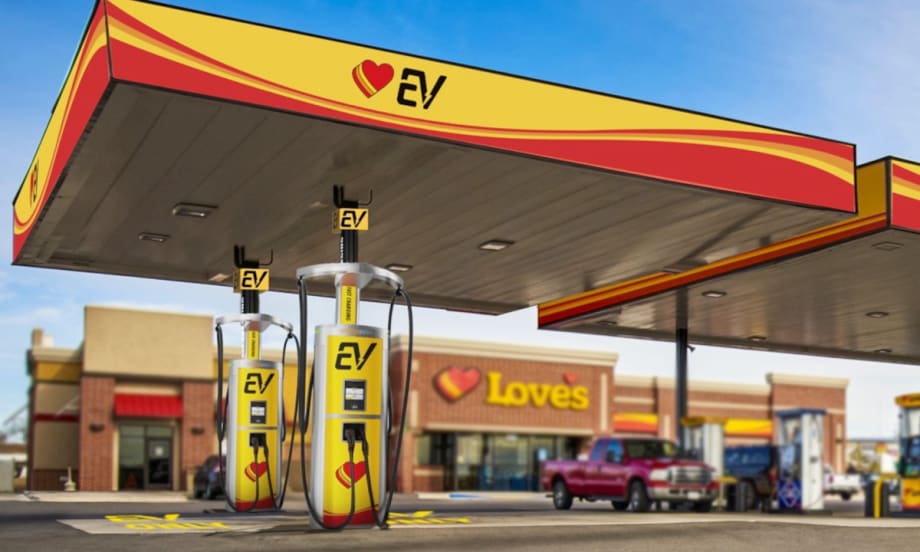 Photo of a Love's fueling station with two EV chargers under a roof covering the fueling area.