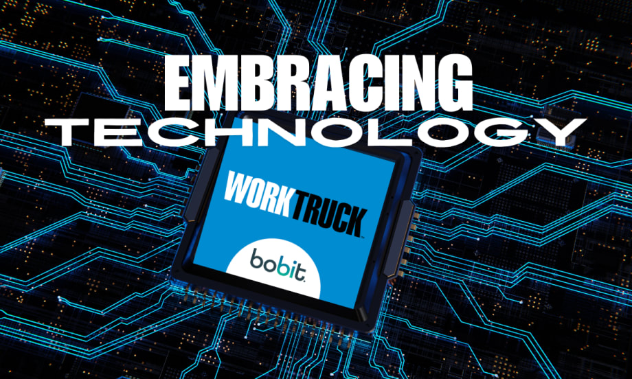 EMBRACING TECHNOLOGY with Work Truck Logo on technology background.