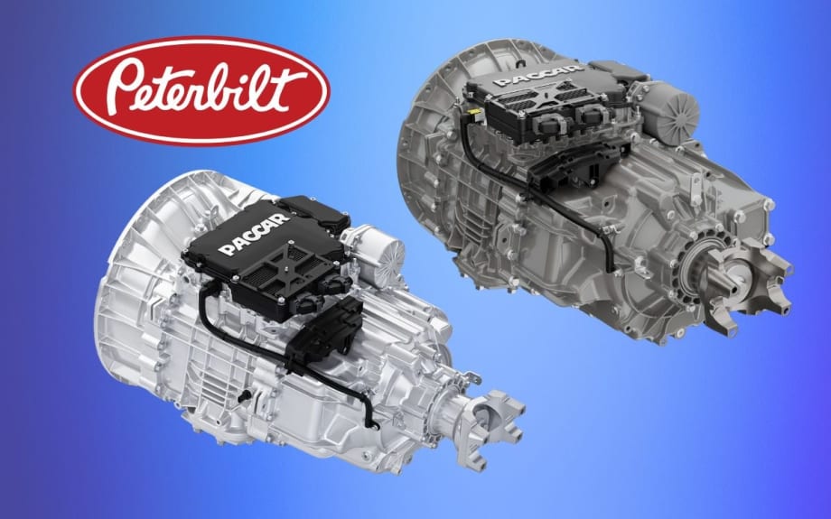 Two truck transmissions on a blue background with a red Peterbilt logo.