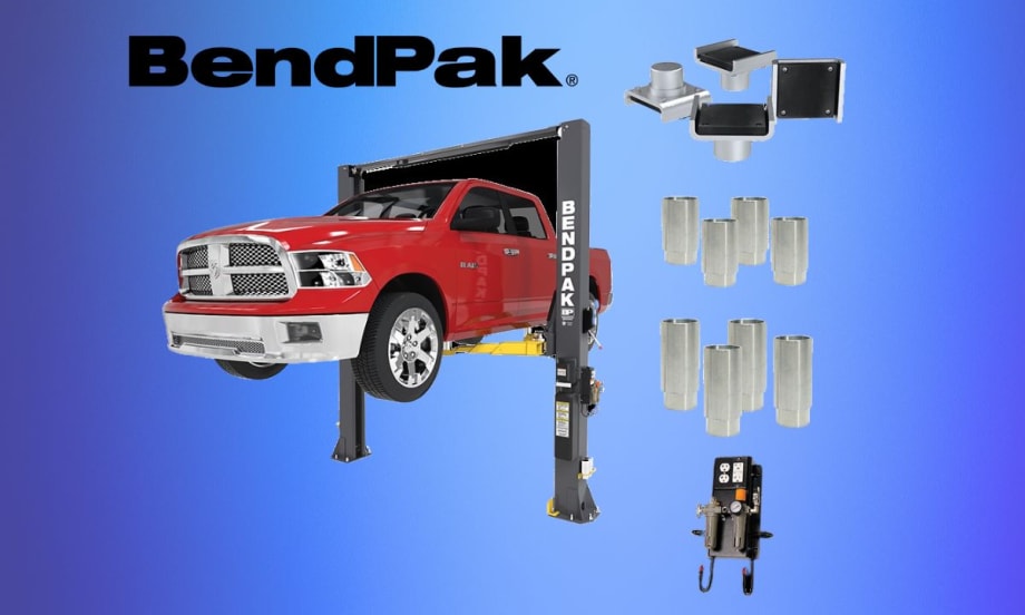 Red pickup truck on a two-post automotive lift with logo on background for BendPak.