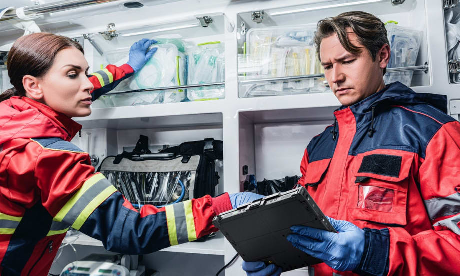 Emergency medical technicians reviewing medical equipment inside ambulance