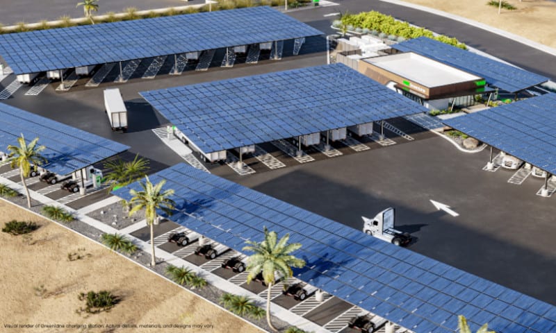 A solar-powered parking lot featuring solar panels on canopies, providing shade and renewable energy for vehicles.