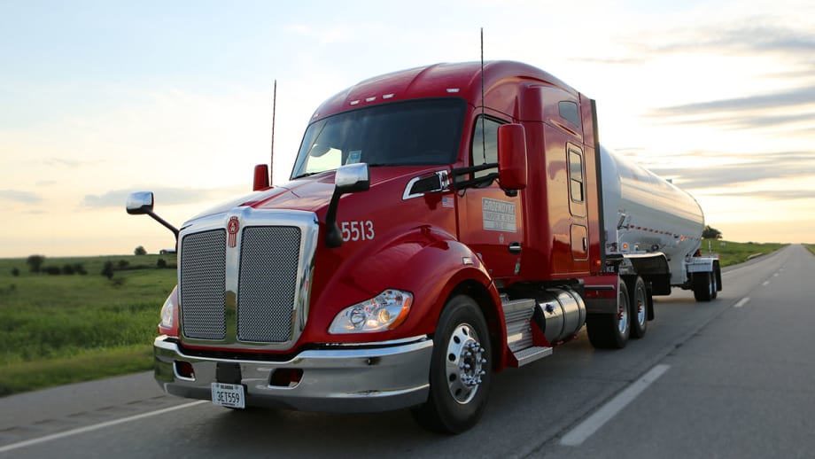 Red Groendyke tractor with tanker trailer