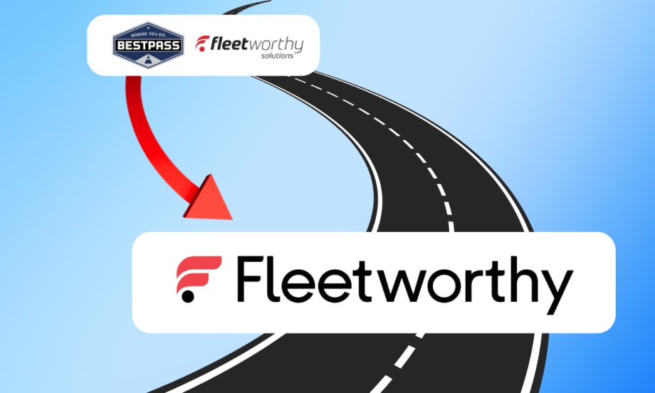 Graphic image of a twisting road with small logo far away for Bestpass-Fleetworthy and a large logo in front for Fleetworthy.