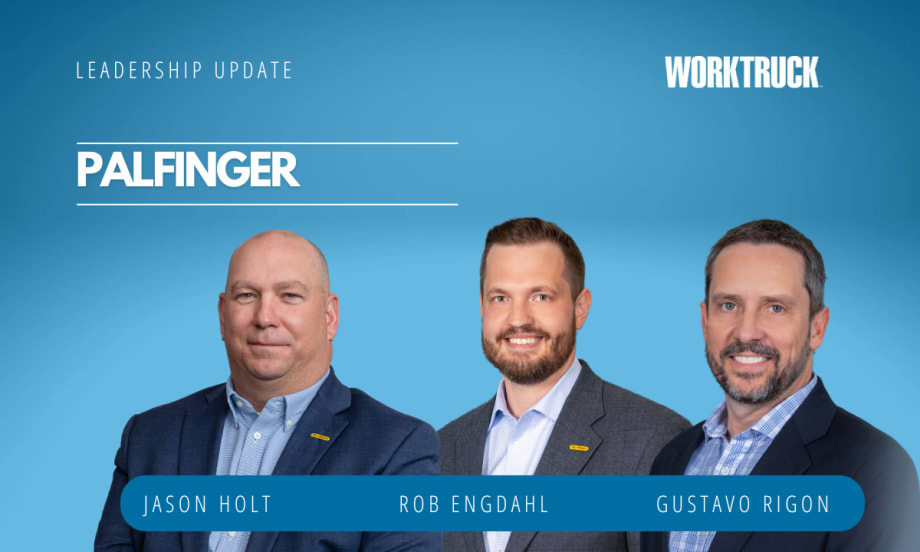 Three men in business suits against a blue background and company name of Palfinger in white letters.