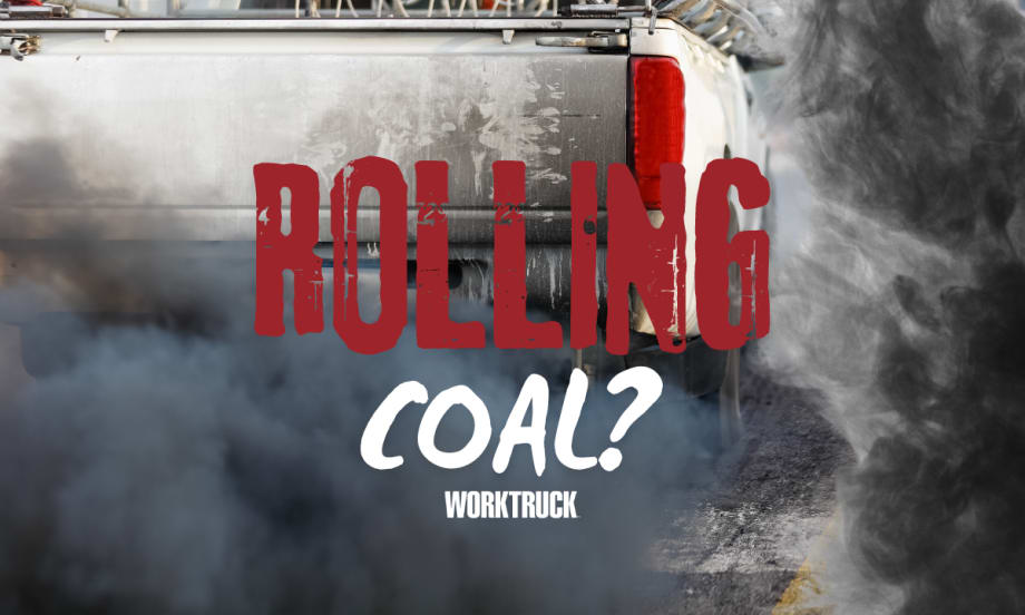 Photo of pickup truck emitting toxic smoke with ROLLING COAL? in large font