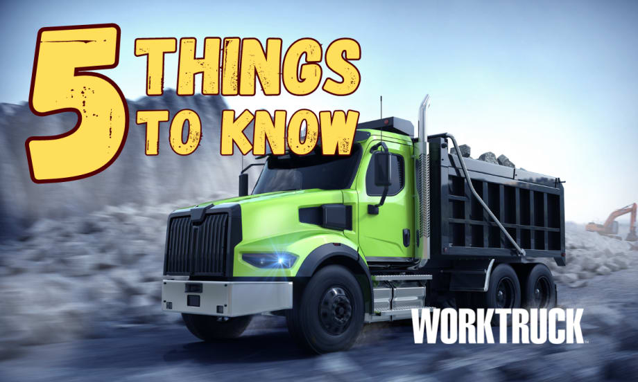 Green dump truck in a work environment with words 5 Things to Know and the Work Truck logo.
