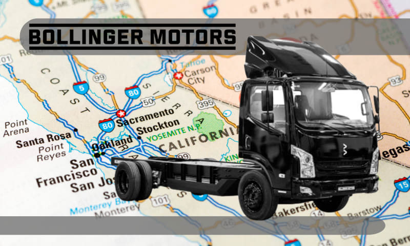 Image of a black chassis cab truck in front of a map of California with Bollinger Motors company name in the upper left area of the image
