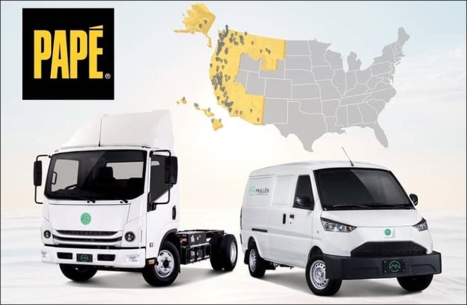 image to two trucks, a map with Western US highlighted in yellow, and logo for Pape Truck.