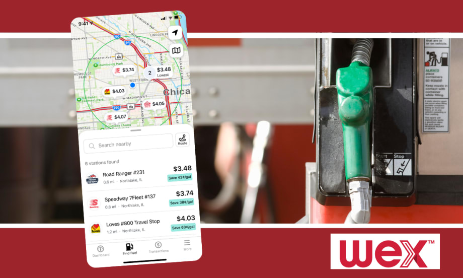 image of diesel fuel pump and inset photo of a fuel app on a phone