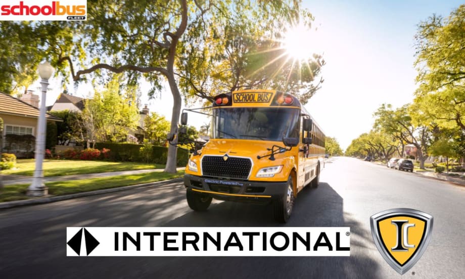 International's new logo in front of an IC bus driving down the road.