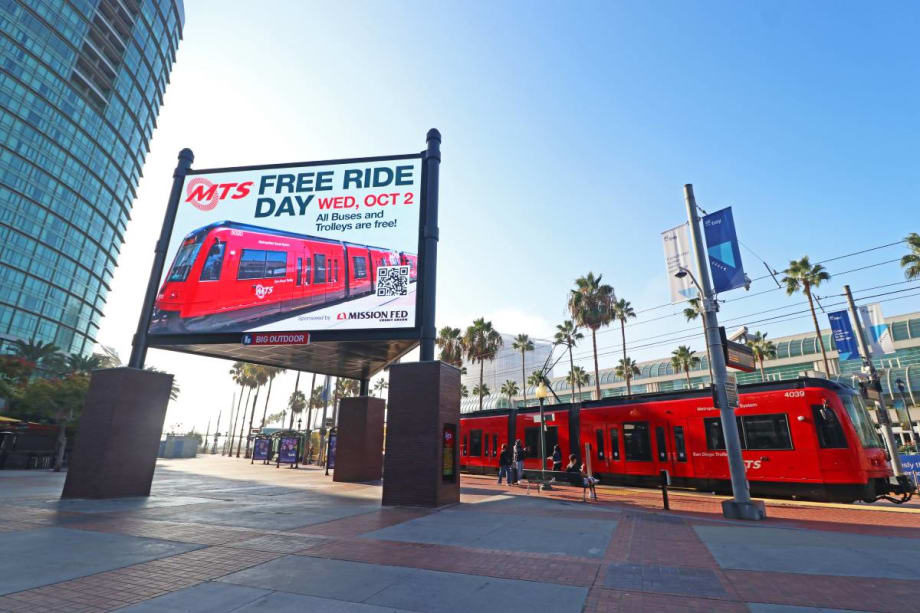 A trolley in San Diego offering free rides on the city's Free Ride Day.