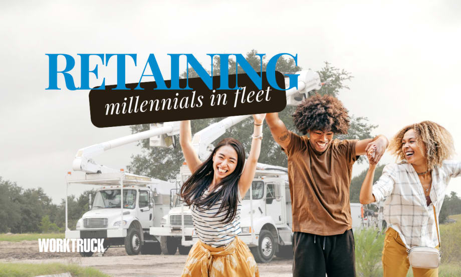 Happy millennials in front of work trucks