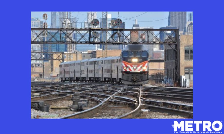 A Metra train switching tracks.