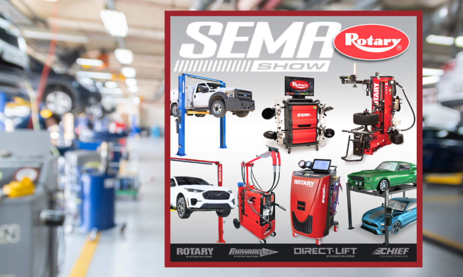 Composite image showing shop tools and vehicle lifts, with company logo for Rotary.