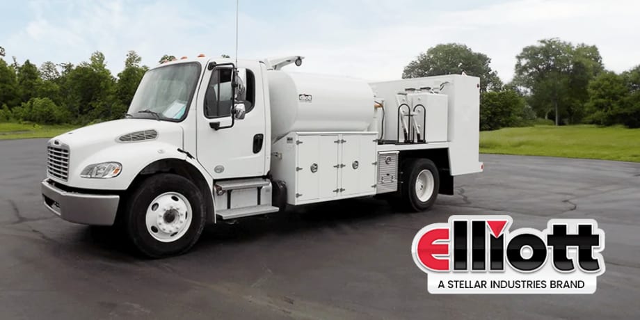 Image of a mobile fuel truck and logo for Elliott Machine Works