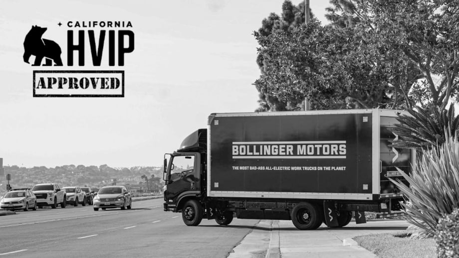Black battery-electric box truck with Bollinger Motors on the side.