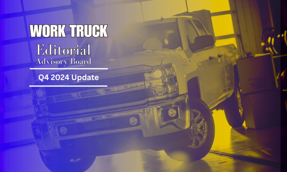 Artsy image of truck with blue and yellow shading, wording for Work Truck Editorial Advisory Board