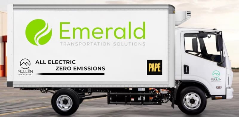 Side view of a white EV box truck