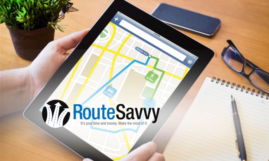 Digital route on tablet with RouteSavvy Logo