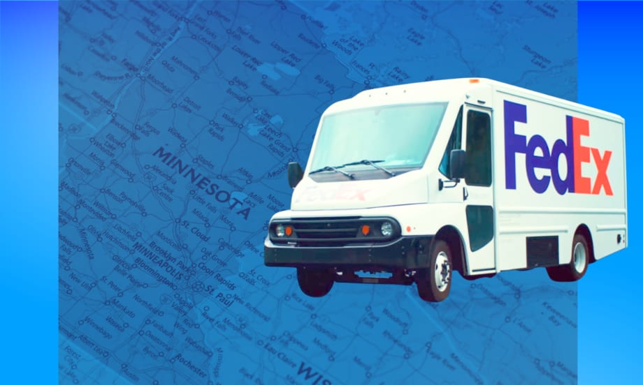 White FedEx step van on background of blue tint map of Minnesota.