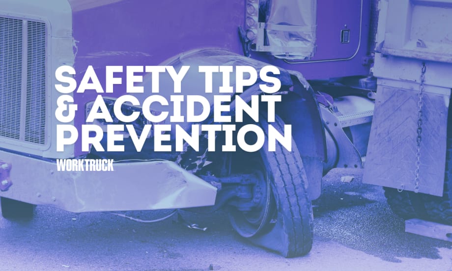 Crashed big rig with Safety Tips & Accident Prevention in bold font