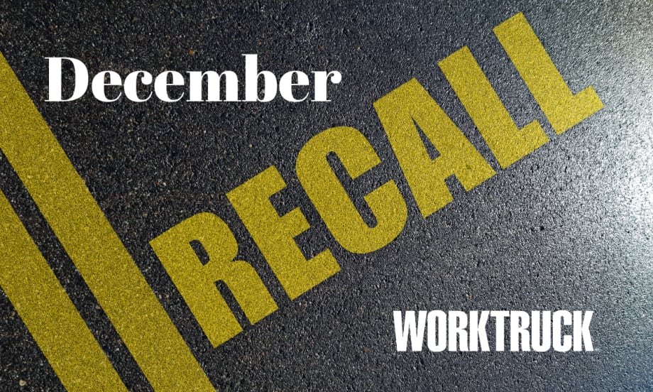 Image of asphalt with double yellow line, RECALL in yellow text, December and Work Truck in white text.