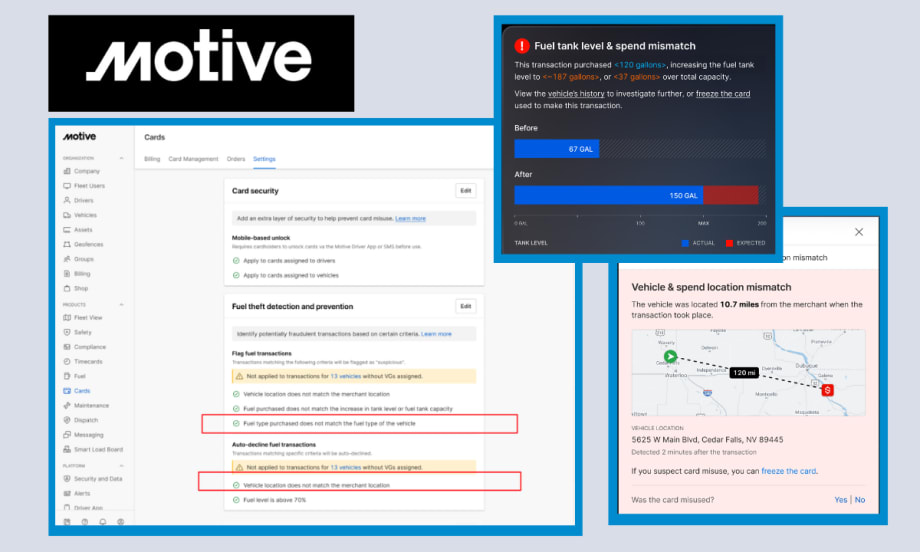 multiple screenshots of Motive's fuel fraud protection app.