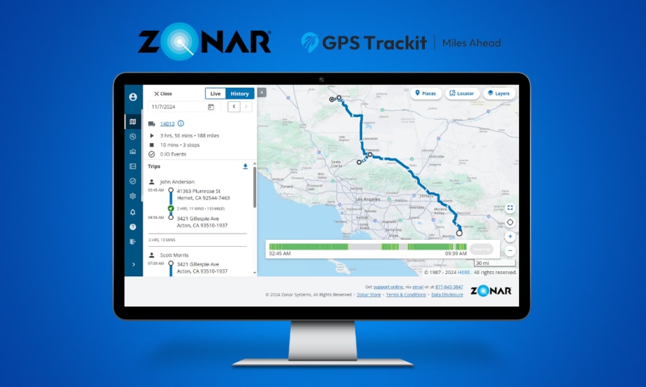 computer screen showing GPS tracking against a blue background with logos for Zonar and GPS Trackit.