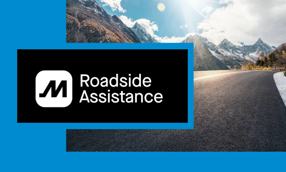 Blue background with inset photo of road in mountains, inset logo of Motive Roadside Assistance.