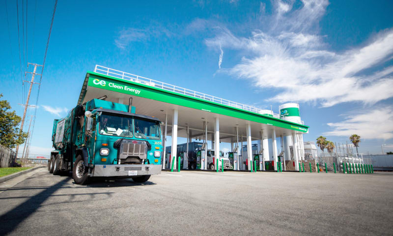 Renewable natural gas fueling station and a large truck.