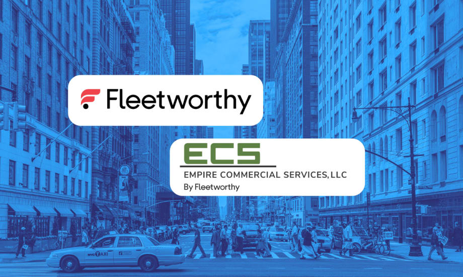 blue-tinted background of New York City street scene with logos in front for Fleetworthy and Empire Commercial Services.